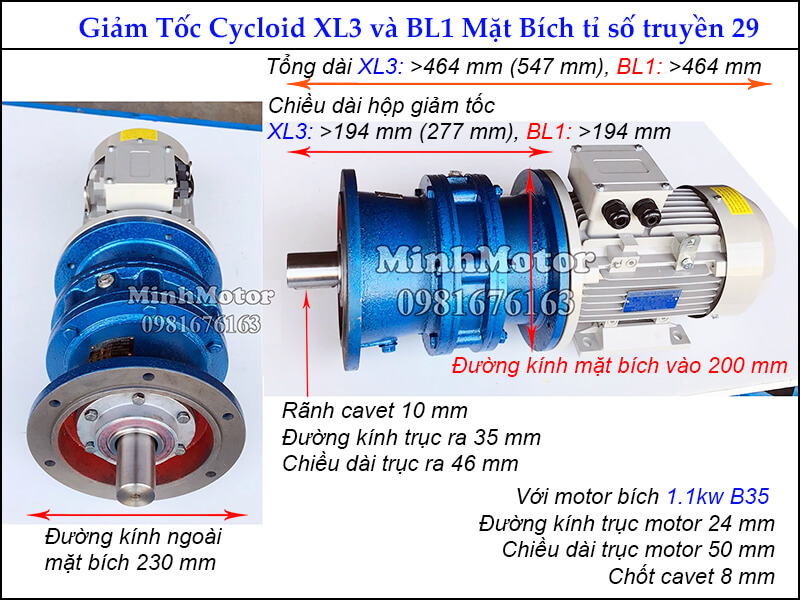 Kích thước motor hộp số cyclo 1.5HP 1.1kw tỉ số truyền 29