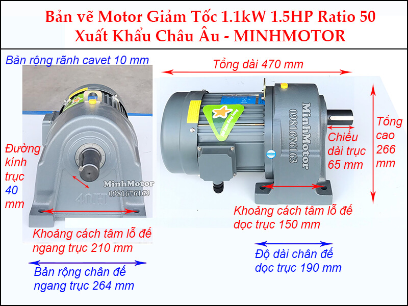 Kích thước motor giảm tốc chân đế 1.1 kw 1.5 hp 1/50 ratio 50 trục 40:
