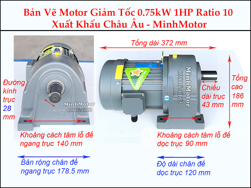 Kích thước motor giảm tốc chân đế 0.75kw 1hp 1/10 ratio 10 trục 28