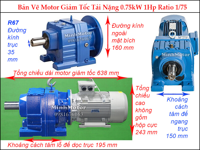 Kích thước Motor giảm tốc 1HP 0.75kw R67 ratio 74.17
