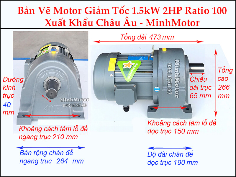 Kích thước motor giảm tốc chân đế 1.5 kw 2 hp 1/100 ratio 100 trục 40