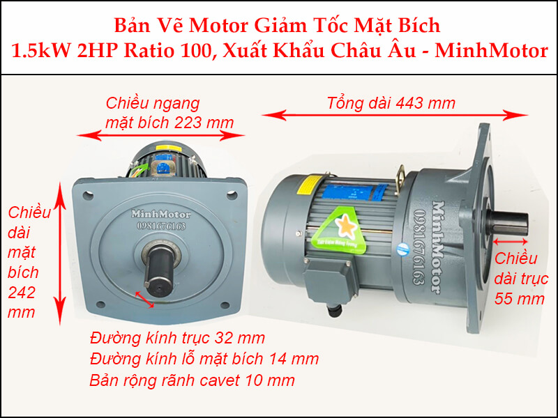 Kích thước motor giảm tốc mặt bích 1.5 kw 2 hp 1/100 ratio 100 trục 32