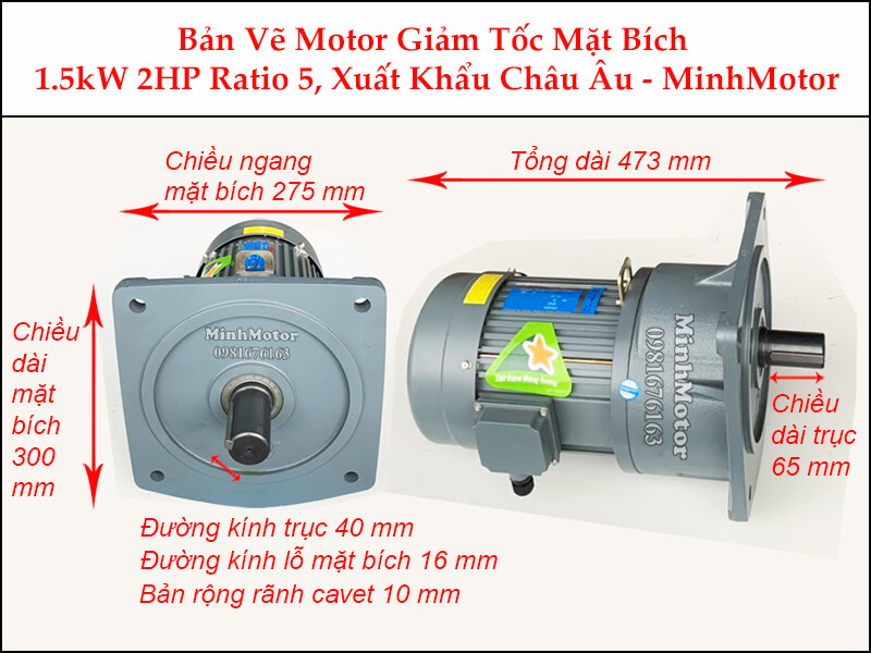 Kích thước motor giảm tốc mặt bích 1.5 kw 2 hp 1/5 ratio 5 trục 40