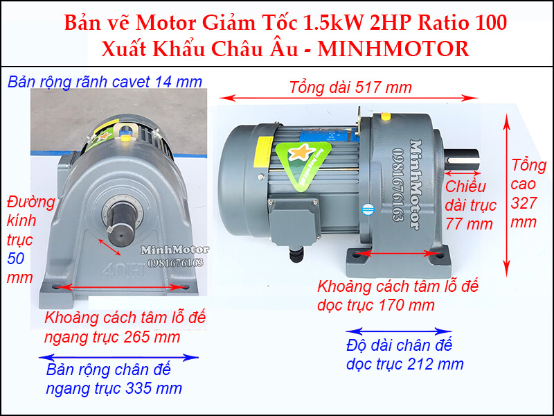Kích thước motor giảm tốc chân đế 1.5 kw 2 hp 1/100 ratio 100 trục 50
