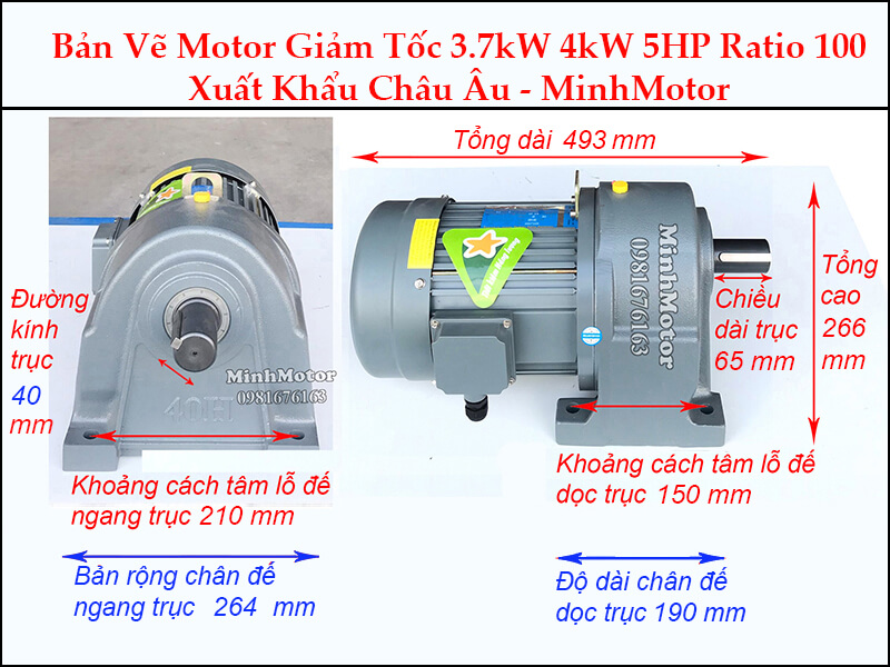 Kích thước motor giảm tốc chân đế 4 kw 5.5 hp 1/100 ratio 100 trục 40