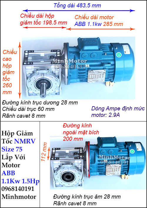 Motor hộp số ABB 1.5Hp 1.1Kw NMRV 75 trục âm dương