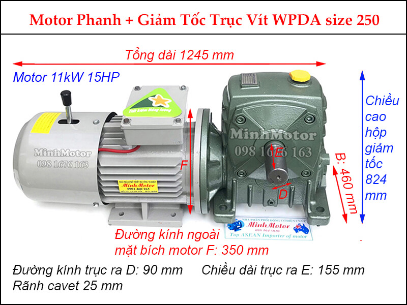 motor phanh 11kw 15hp liền hộp giảm tốc trục vít wpda size 250