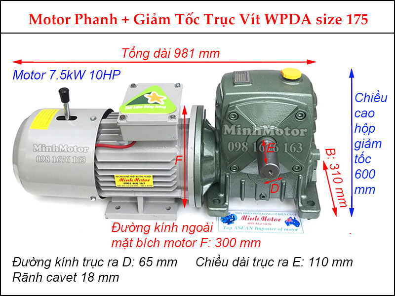 motor phanh 7.5kw 10hp liền hộp giảm tốc trục vít wpda size 175