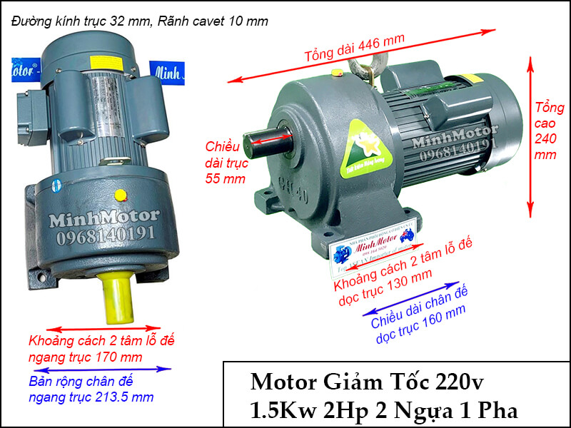 Thiết kế lắp đặt động cơ giảm tốc 1 pha 220v 2hp 1.5kw trục 32 chân đế