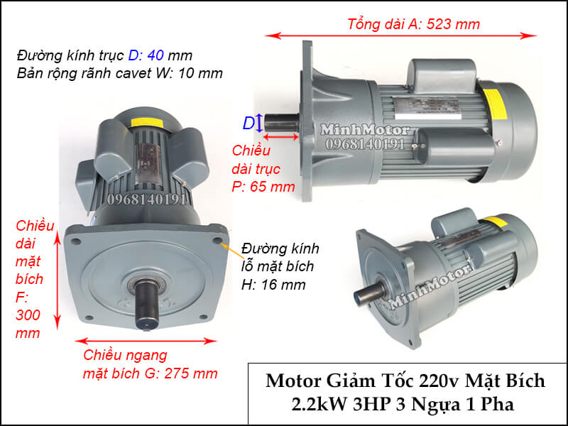 Thông số lắp đặt động cơ giảm tốc 1 pha 220v 3hp 2.2kw trục 40mm chân đế, mặt bích