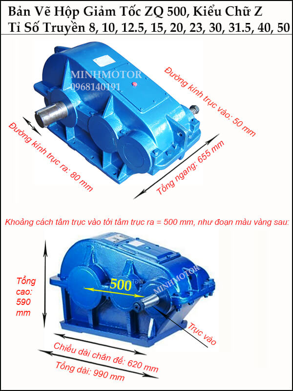 Thông số kích thước hộp giảm tốc ZQ 500, trục ra, trục vào khác phía