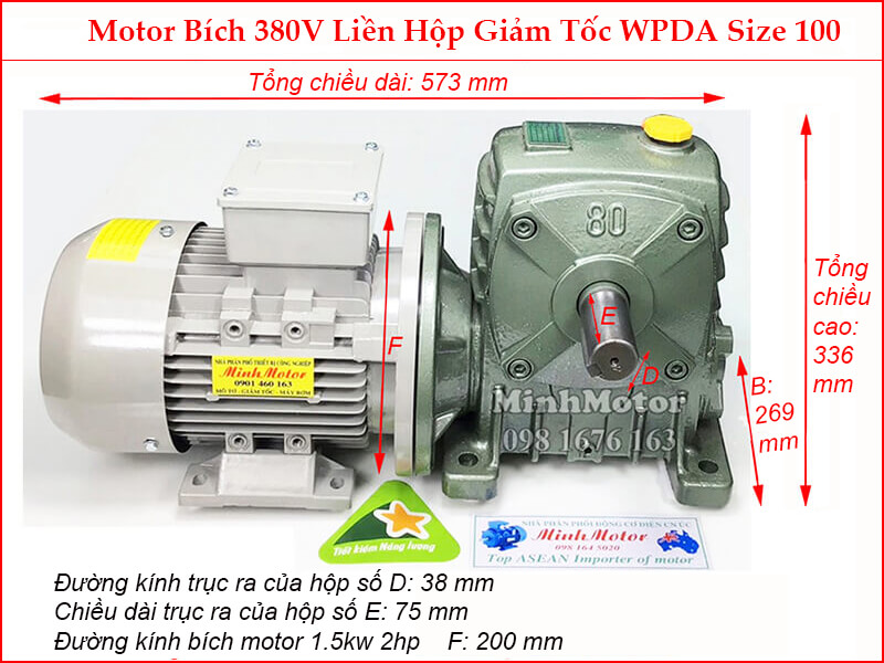 motor liền hộp giảm tốc mặt bích wpda size 100