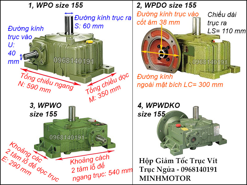thông số hộp giảm tốc trục vít wpo size 155