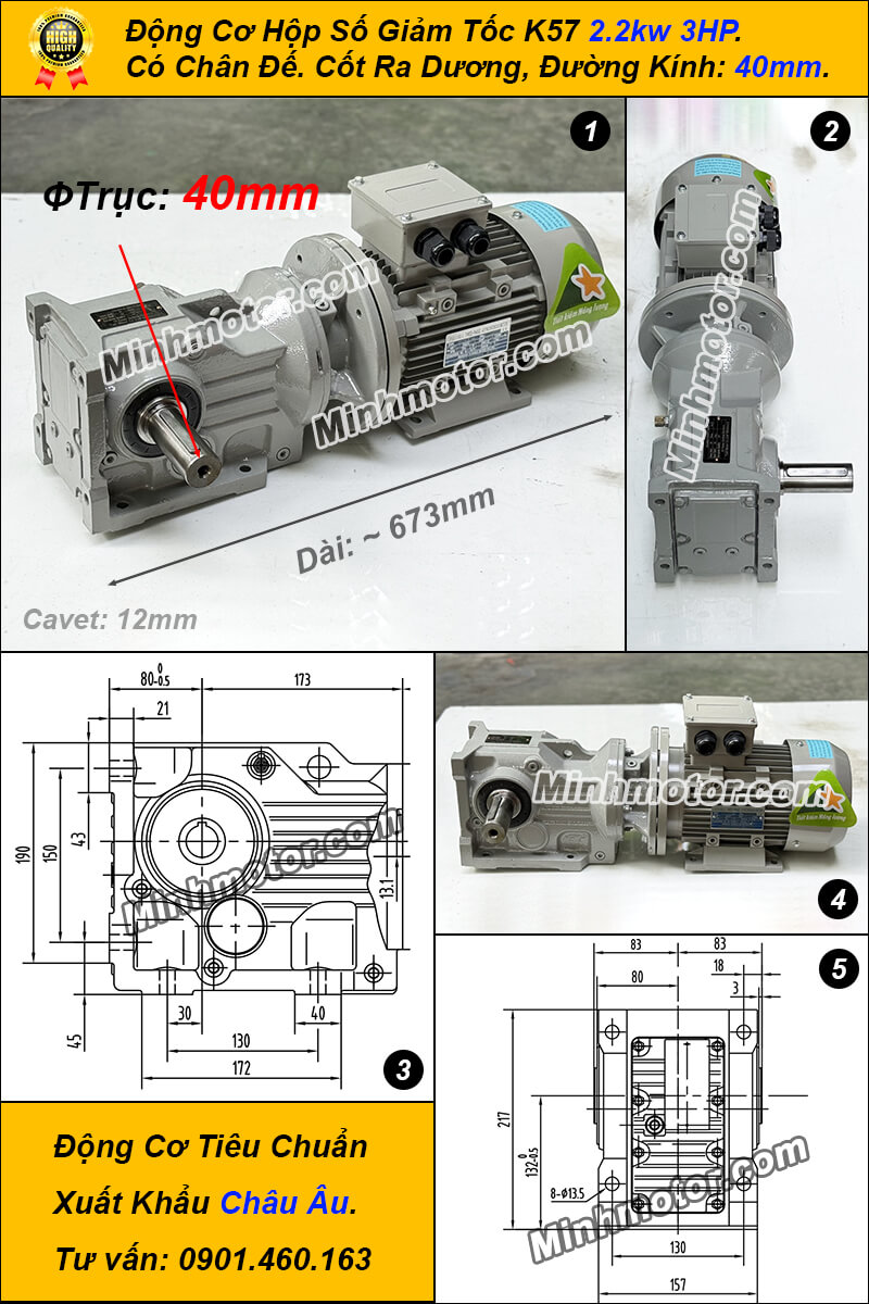 Motor giảm tốc tải nặng 2.2kw 3hp, ratio 15, 16, 14
