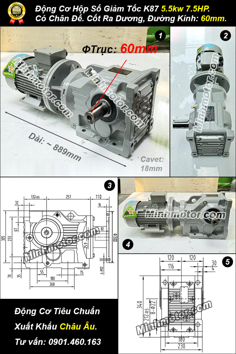 Motor giảm tốc tải nặng 5.5kw 7.5hp, ratio 15, 14, 16
