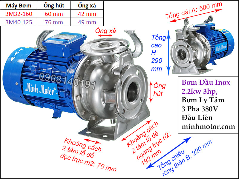 Bơm đầu inox 2.2kw 3hp bơm ly tâm 3 pha