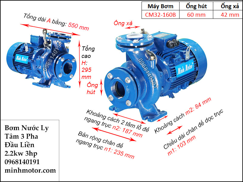 Bơm ly tâm 3 pha đầu liền 2.2kW 3HP