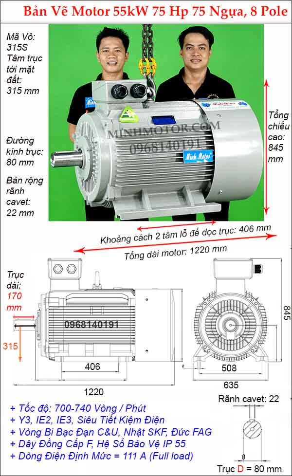 Kích thước motor điện 3 pha 75hp 55kw, 8 Pole