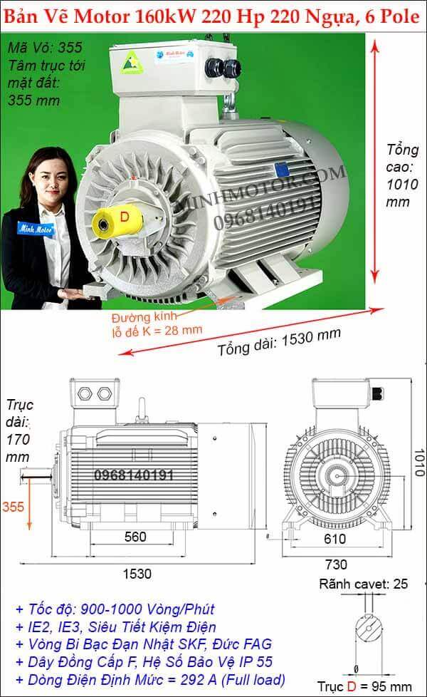 Kích thước động cơ điện 3 pha 220Hp 160kw chân đế, 6 Pole
