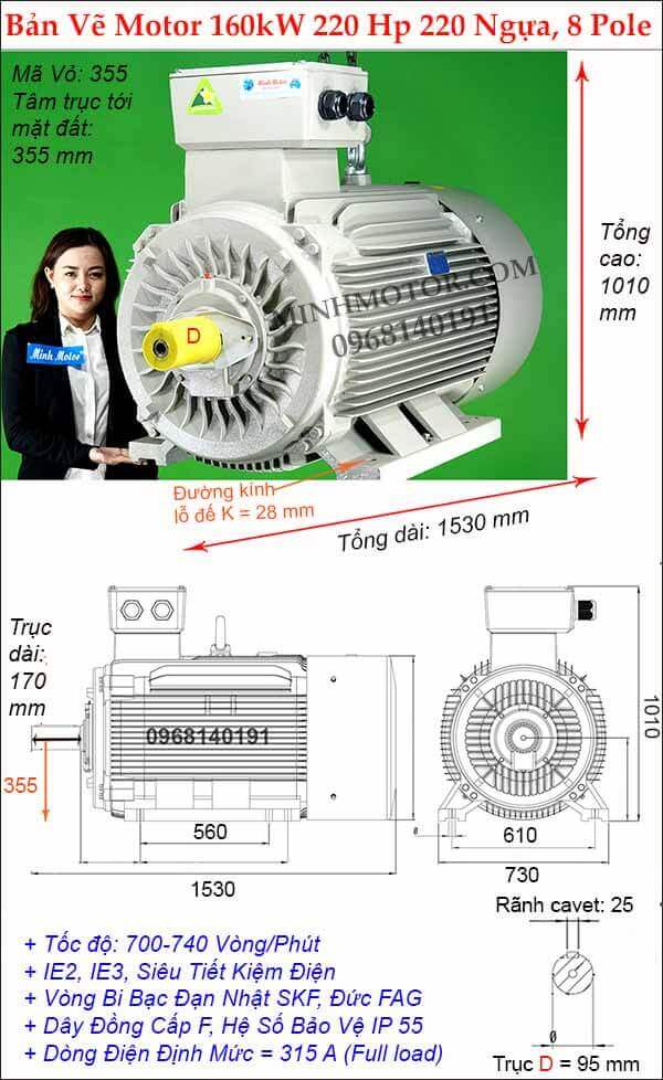 Thông số hình học động cơ điện 3 pha 220Hp 160kw, 8 Pole