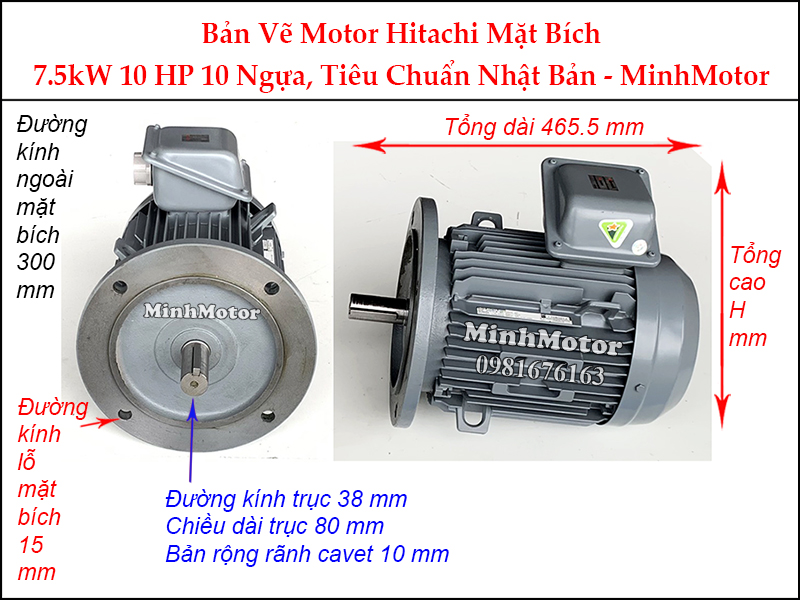 bản vẽ motor Hitachi mặt bích 7.5Kw 10Hp 10 ngựa