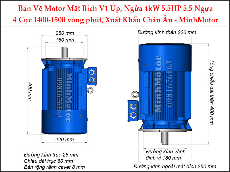 motor mặt bích V1 úp ngửa 4Kw 5Hp 4 cực