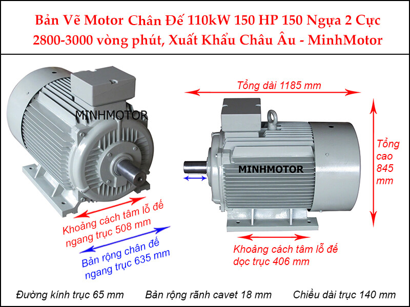 Bản vẽ motor chân đế 110Kw 150Hp 150 Ngựa 2 Cực