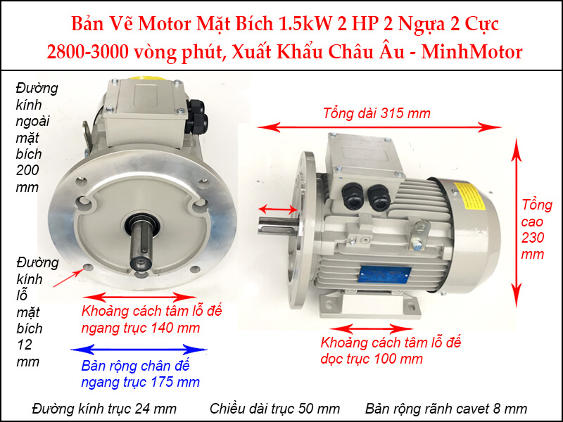 Bản vẽ motor mặt bích 1.5kW 2Hp 2 Ngựa 2 Cực