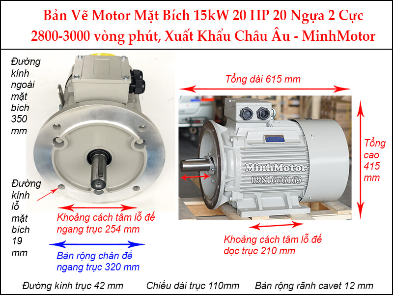 Parma motor 2 cực mặt bích 3 pha 15Kw 20Hp