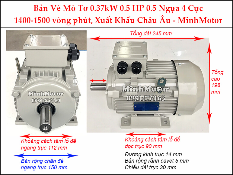 Bản vẽ motor chân đế 0.37kW 0.55HP 0.55 Ngựa 4 Cực