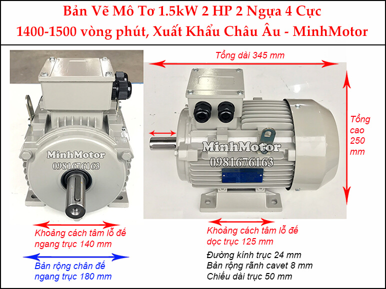 Bản vẽ motor chân đế 1.5kW 2Hp 2 Ngựa 4 Cực