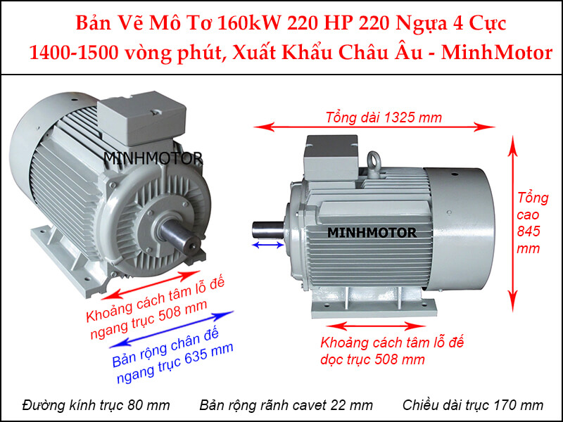 Bản vẽ motor chân đế 160Kw 220Hp 220 Ngựa 4 Cực