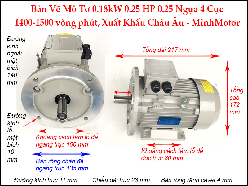 Bản vẽ motor parma mặt bích 0.18kW 0.25HP 0.25 Ngựa 4 Cực