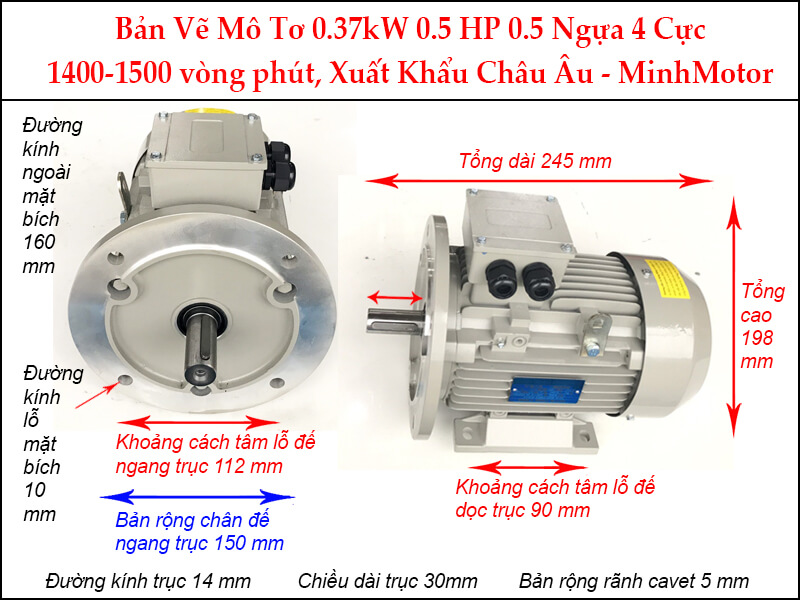 Bản vẽ motor mặt bích 0.37kW 0.55HP 0.55 Ngựa 4 Cực