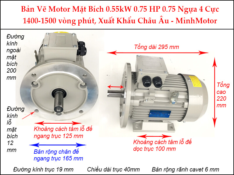 Bản vẽ motor mặt bích 0.55kW 0.75HP 0.75 Ngựa 4 Cực