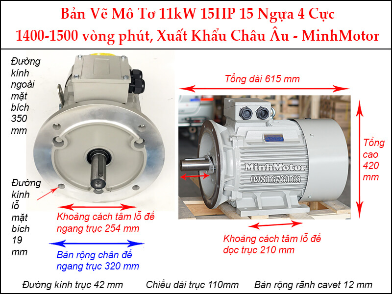 Bản vẽ motor mặt bích 11kW 15Hp 15 Ngựa 4 cực