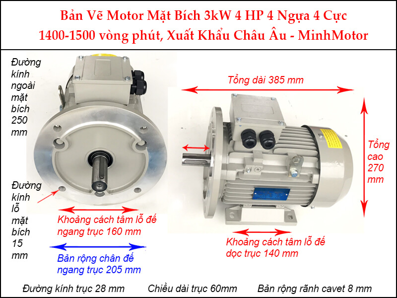 Bản vẽ motor mặt bích 3kW 4Hp 4 ngựa 4 Cực