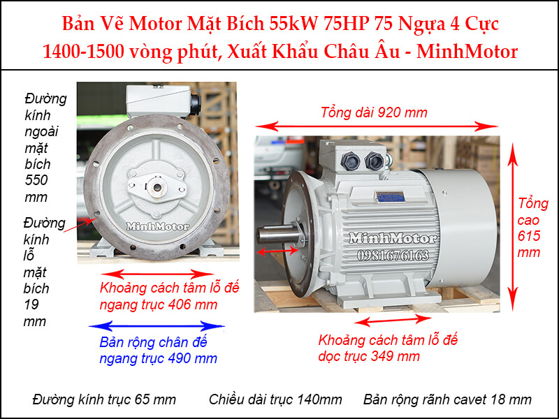 Bản vẽ motor mặt bích 55kW 75Hp 75 Ngựa 4 cực