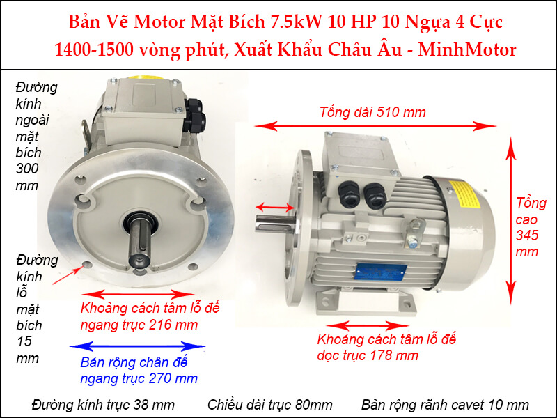 Bản vẽ motor mặt bích 7.5Kw 10Hp 10 Ngựa 4 Cực