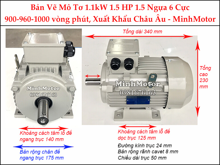 Bản vẽ motor chân đế 1.1kW 1.5Hp 1.5 ngựa 6 Cực
