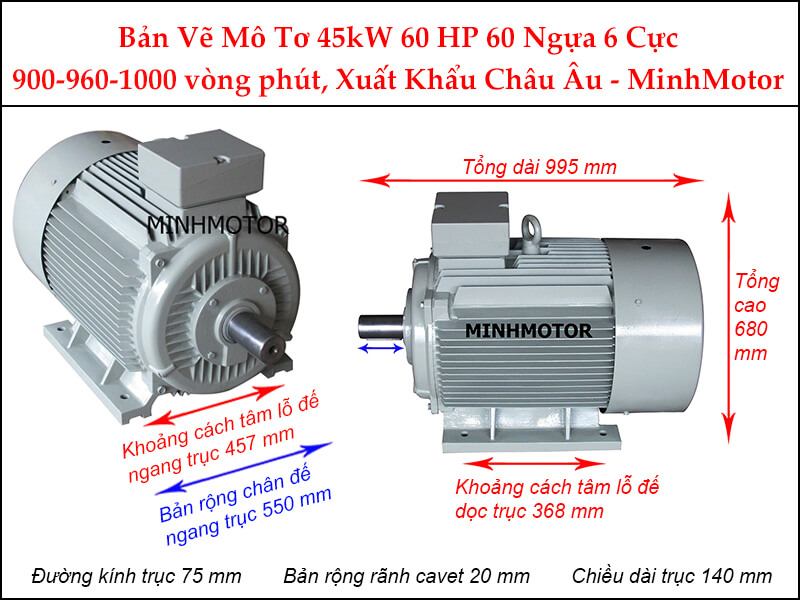 Bản vẽ motor chân đế 45kW 60Hp 60 ngựa 6 cực
