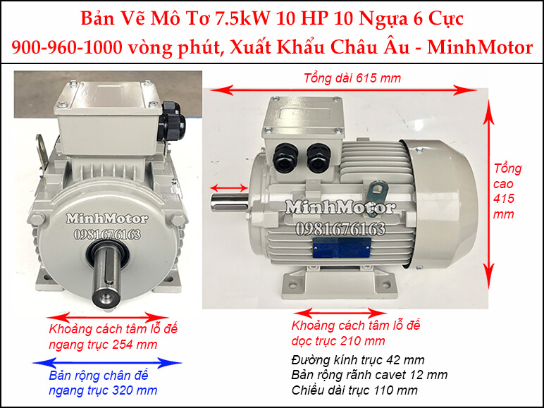 Bản vẽ motor chân đế 7.5Kw 10Hp 10 Ngựa 6 Cực