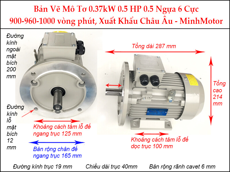 Bản vẽ motor mặt bích 0.37kW 0.55HP 0.55 Ngựa 6 Cực