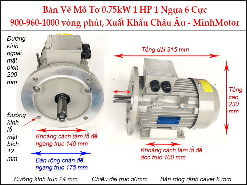 Bản vẽ motor mặt bích 0.75kW 1Hp 1 Ngựa 6 Cực