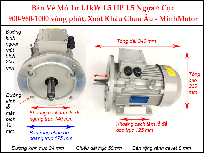 Bản vẽ motor mặt bích 1.1kW 1.5Hp 1.5 ngựa 6 Cực