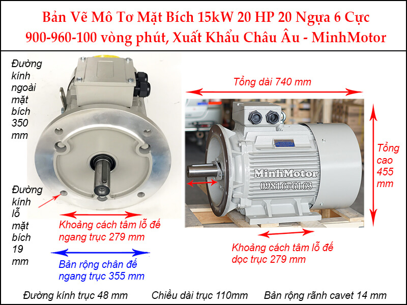 Parma motor 6 cực mặt bích 3 pha 15Kw 20Hp