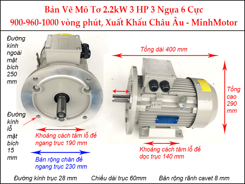 Bản vẽ motor mặt bích 2.2Kw 3Hp 3 Ngựa 6 Cực