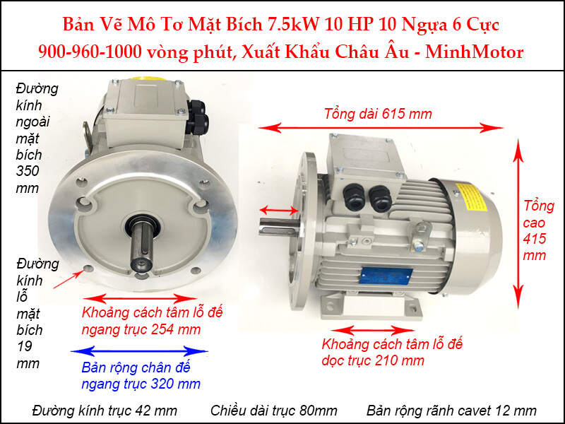 Bản vẽ motor mặt bích 7.5Kw 10Hp 10 Ngựa 6 Cực