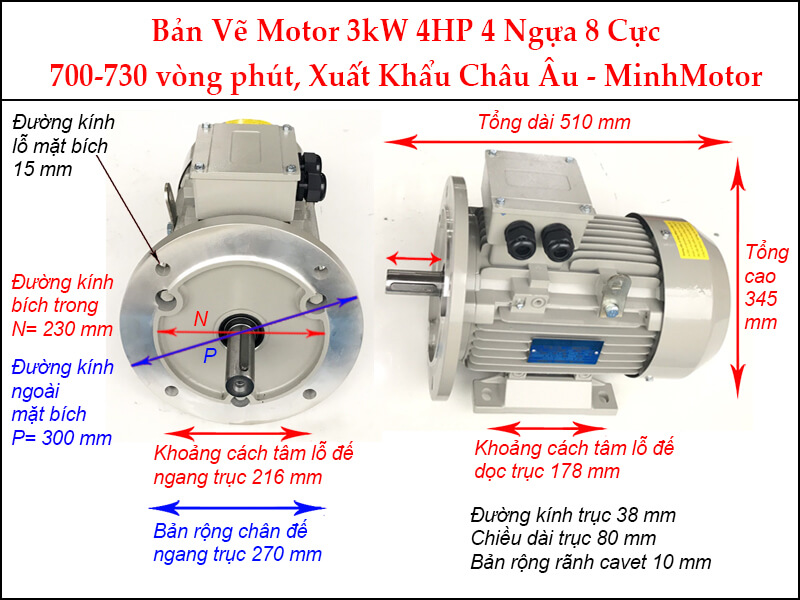 Motor điện 4Hp 3kw 8 pole mặt bích