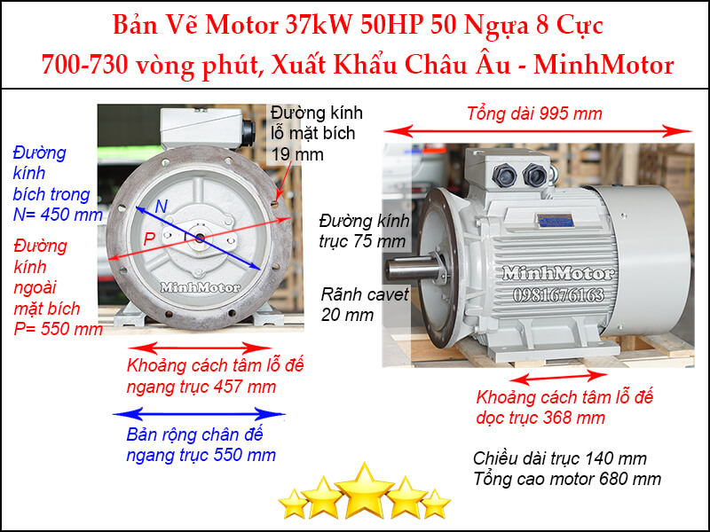 Bản vẽ motor mặt bích 37Kw 50Hp 50 Ngựa 8 Cực